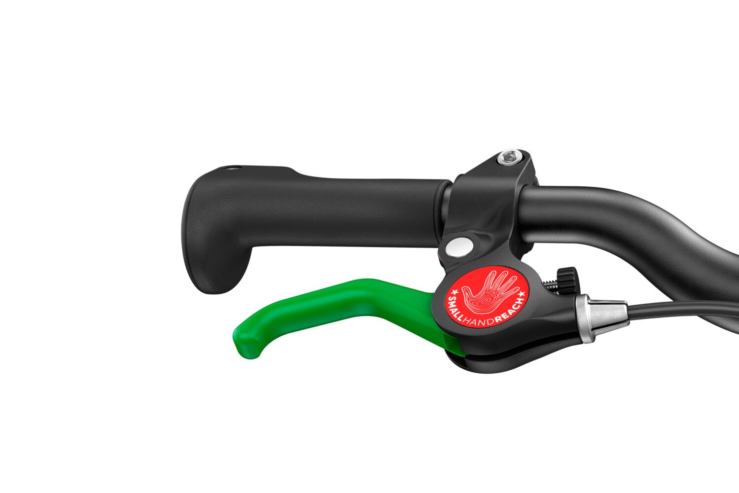 Detailaanzicht van de groene remhendel van de woom GO 1-loopfiets van 12"
